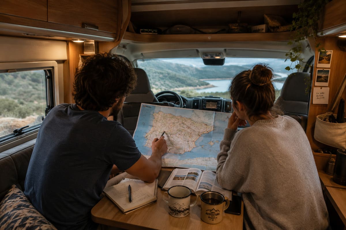 Ein Paar, das die Route seiner Reise durch Spanien mit dem Wohnmobil plant